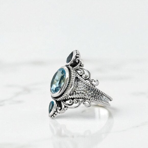 Oval and Pear Blue Topaz Ring in 925 Sterling Silver - Picture 2 of 3